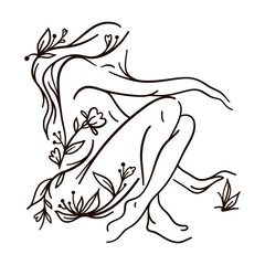Floral woman body line art. Black outline vector illustration on white background.