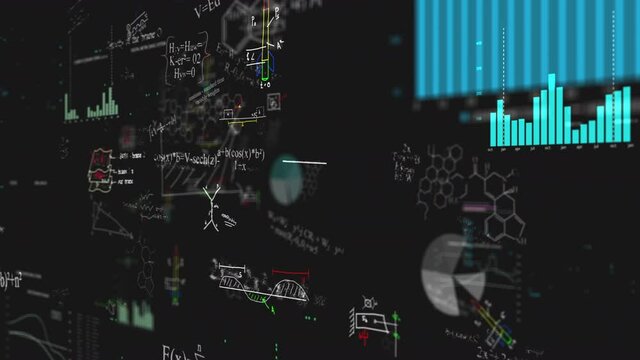 Blackboard inscribed scientific formulas and calculations floating in perspective in physics and mathematics. Science and education concept background animation on black.
