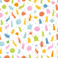 Seamless children's background. Funny germs and viruses are dancing. Vector graphics
