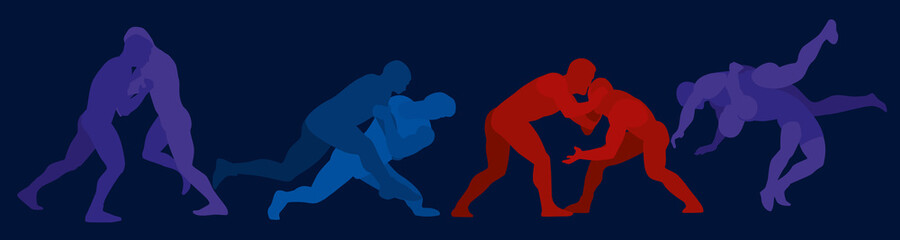 Sports freestyle wrestling. Colored silhouettes of wrestling athletes on a dark background. Design of competitions, sports tournaments - obrazy, fototapety, plakaty