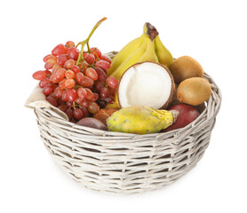 Assortment of fresh exotic fruits in basket on white background