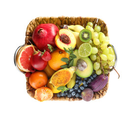 Assortment of exotic fruits on white background, top view