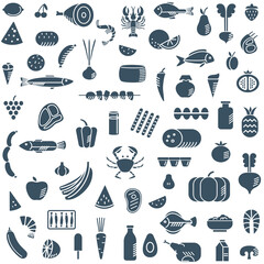 Obraz na płótnie Canvas Various food icons. Symbols of seafood, fruits, meat and vegetables. Texture for the store. Vector graphics