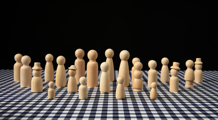 group of wooden doll, represent crowd of people, community and social connection cnocept