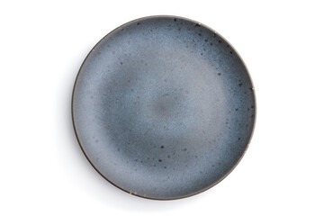 Empty blue ceramic plate isolated on white background. Top view, close up.