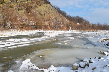 beautiful winter landscape with snowy trees and river