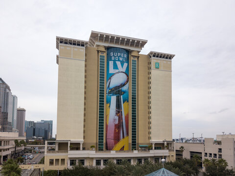 View of the Embassy Suites by Hilton with the Super Bowl LV Vince Lombardi trophy