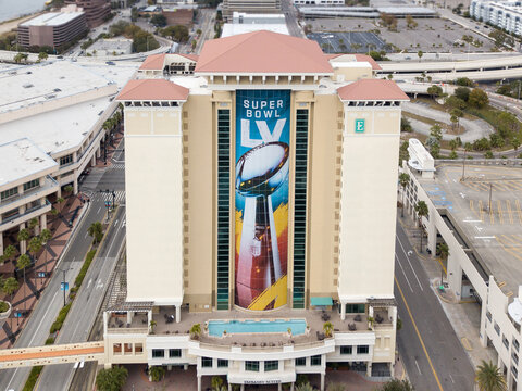 View of the Embassy Suites by Hilton with the Super Bowl LV Vince Lombardi trophy