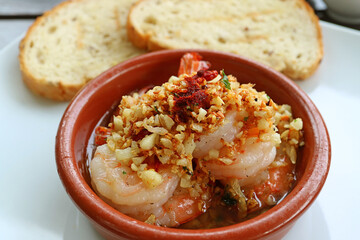 Mouthwatering Spanish Well Known Dish of Gambas al Ajillo or Garlic Shrimps