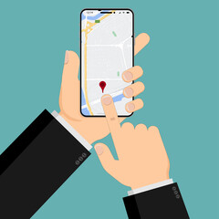 GPS navigation. Smartphone with map on phone screen and red GPS dot isolated on white background. Vector illustration of location search.