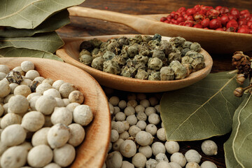 Red, green and white peppercorns spice macro