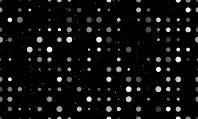 Seamless background pattern of evenly spaced white circles of different sizes and opacity. Vector illustration on black background with stars
