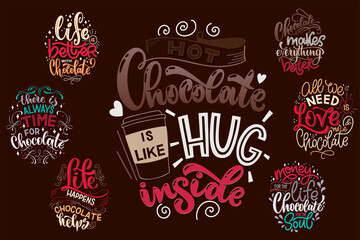 Chocolate hand lettering quotes set. Warm Christmas winter word composition. Vector design elements for t-shirts, posters, cards, stickers and menu