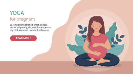 Yoga For Pregnant Concept Composition. Vector Illustration In Flat Cartoon Style. Webpage Layout Art With Text And Red Button. Female Character Sitting Near Plants In Lotus Position Hugging Her Belly