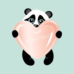 Vector image of a little cute panda with a big pink heart.