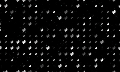 Seamless background pattern of evenly spaced white hands of different sizes and opacity. Vector illustration on black background with stars