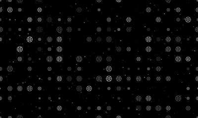 Seamless background pattern of evenly spaced white microcircuit symbols of different sizes and opacity. Vector illustration on black background with stars