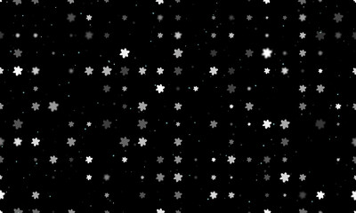 Seamless background pattern of evenly spaced white narcissus flowers of different sizes and opacity. Vector illustration on black background with stars