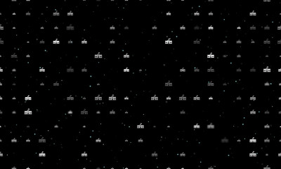 Seamless background pattern of evenly spaced white school building symbols of different sizes and opacity. Vector illustration on black background with stars
