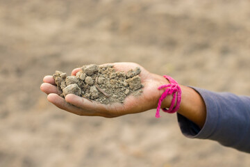 An Indian farmer is holding soil by his hand for checking it.