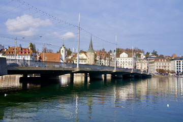 Naklejka premium Old town of Lucerne with lake Lucerne. Photo taken January 8th, 2021, Lucerne, Switzerland.