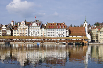 Old town of Lucerne with lake Lucerne. Photo taken January 8th, 2021, Lucerne, Switzerland.