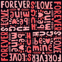 Valentine's Day seamless pattern. Love elements and modern lettering on a dark isolated background.