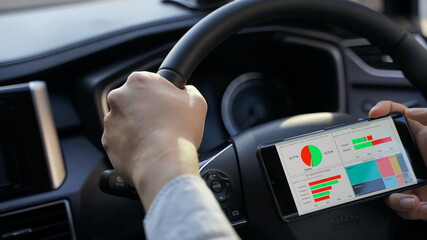 Naklejka premium Business man driving and analysing graph visualization report on mobile 