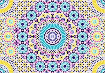 Arabic seamless mosaic. Yellow, pink and blue colors. Zellige Colorful Vector.