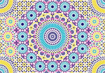 Arabic seamless mosaic. Yellow, pink and blue colors. Zellige Colorful Vector.