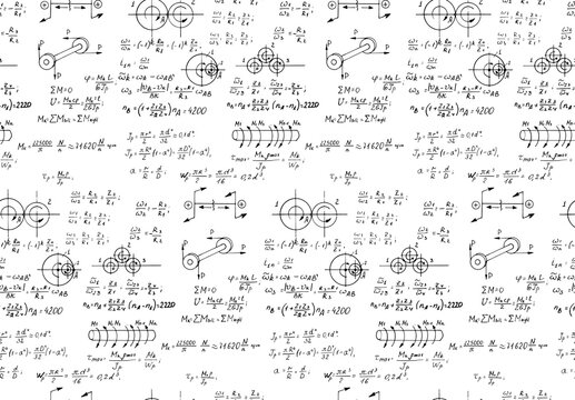 Rotation. Mathematical formulas, physical equations and outlines on white board. Vector hand-drawn seamless pattern. Retro scientific and educational background.