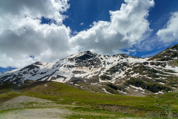 Mountain landscape along the road to Stelvio pass (Lombardy) at summer