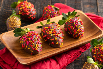 A Batch of Chocolate Covered Sprinkles Covered in Sprinkles on a Wooden Table