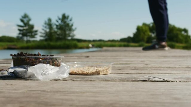 Maggot white and colorful, fish food. Fishing lures for fish.