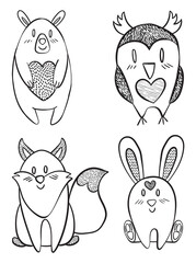 Valentine's day Animals Hand Drawn Vector Illustrations