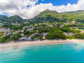 An aerial view of Beau Vallon beach on Mahe island, Seychelles