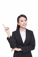 Portrait of young business woman pointing something
