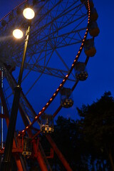 ferris wheel at night ferris wheel in the night view city kharkov ukraine bridge church water religion street park square river night night city attractions swing ferris wheel вид город харьков украин