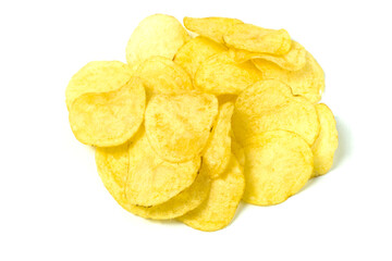 Stack of natural potato chips isolated on white background.