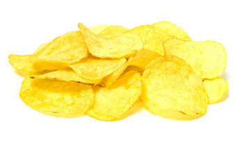 Stack of thin slices of potato chips on white background, side view.