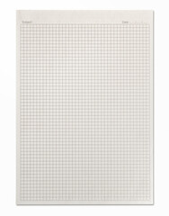Blank note paper isolated on white background. Checkered notebook.