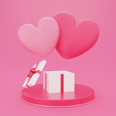 Valentine's day, love concept background, 3d opened gift box on round podium with pink heart shape floating