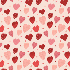 Seamless pattern with textured Hearts for Valentine day. Decorative Love hearts with lines, polka for wedding invitation. Pink print for paper, textile, cards. Wallpaper with geometric repeat ornament