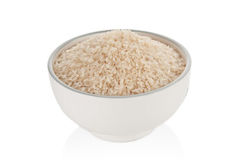 Dry rice in ceramic bowl isolated on white background