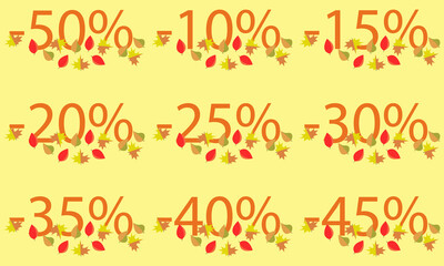Vector autumn discounts, numbers with leaves.