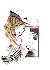 Coffee set with fashion girls drinking coffee, coffee cups with abstract waves. Hand drawn vector illustration.