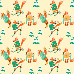 Seamless pattern of skiing foxes wearing in green and yellow sweaters. Animalistic vector background. Yellow, green and orange tones