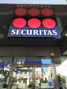 Berlin, Germany - September 14, 2019: Signage of Securitas AB, a Swedish security services, monitoring, consulting and investigation group