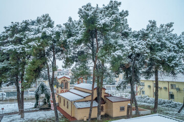 Trees in the neighborhood full of snow after Leandros bad weather passes Thessaloniki, Greece.