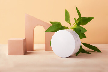 Empty geometrical cube pedestal and arch with fresh green leafs near it.Blank round cosmetics jar with copy space.Good backdrop for placing products.Isometric backdrop.Mockup geometric shape podium.